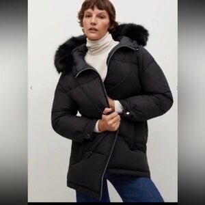 New Mango Women's WATER REPELLENT Black Puffer Jacket with Faux Fur Hood